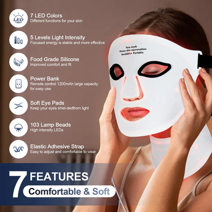 Silicone LED Mask Face With Neck 7 Colors LED Photon Red Light Infrared Therapy Flexible Facial Mask Repair Skin