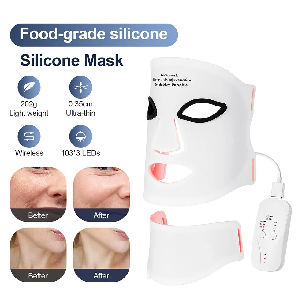 Silicone LED Mask Face With Neck 7 Colors LED Photon Red Light Infrared Therapy Flexible Facial Mask Repair Skin