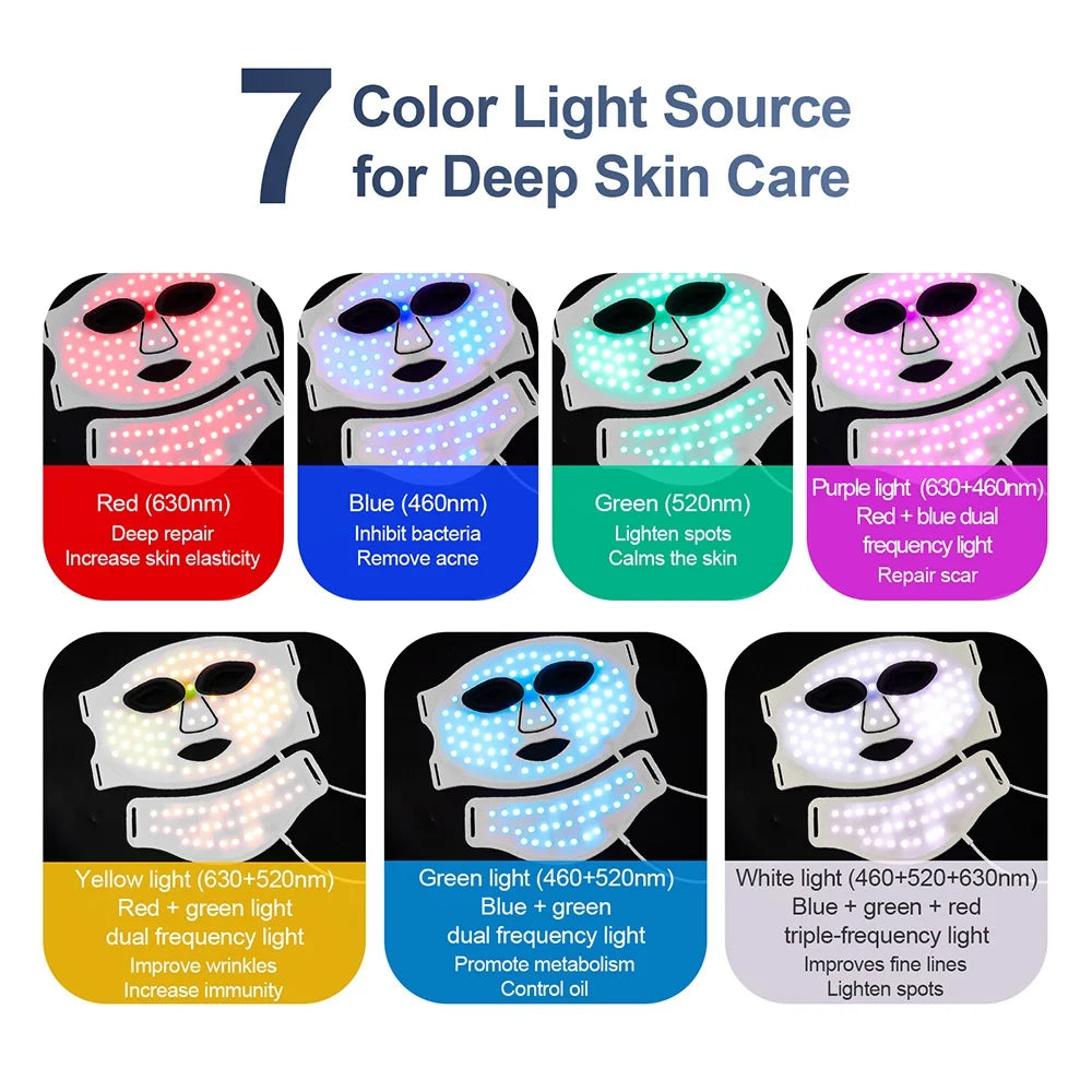 Silicone LED Mask Face With Neck 7 Colors LED Photon Red Light Infrared Therapy Flexible Facial Mask Repair Skin