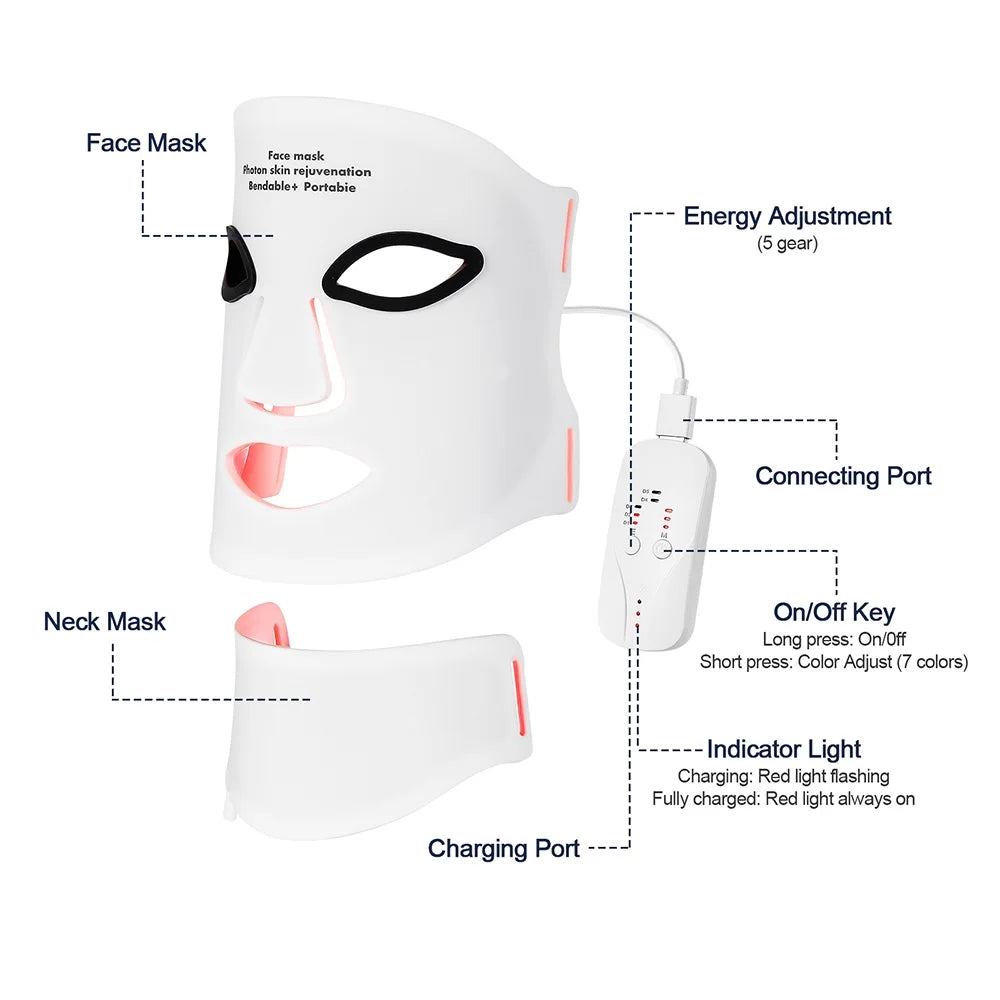 Silicone LED Mask Face With Neck 7 Colors LED Photon Red Light Infrared Therapy Flexible Facial Mask Repair Skin