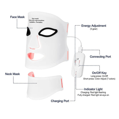 Silicone LED Mask Face With Neck 7 Colors LED Photon Red Light Infrared Therapy Flexible Facial Mask Repair Skin