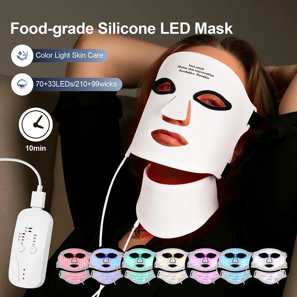Silicone LED Mask Face With Neck 7 Colors LED Photon Red Light Infrared Therapy Flexible Facial Mask Repair Skin