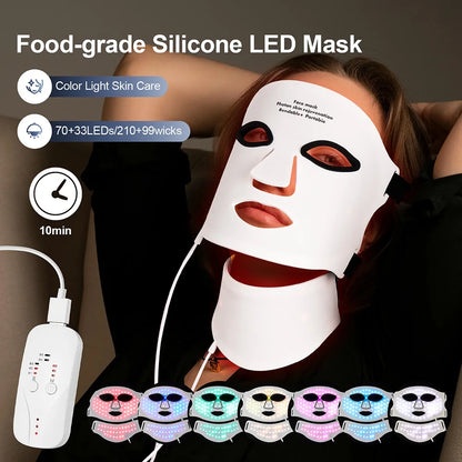 Silicone LED Mask Face With Neck 7 Colors LED Photon Red Light Infrared Therapy Flexible Facial Mask Repair Skin
