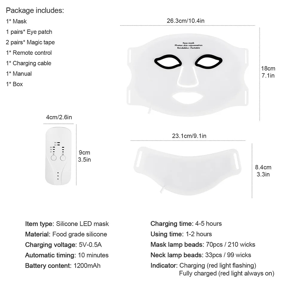 Silicone LED Mask Face With Neck 7 Colors LED Photon Red Light Infrared Therapy Flexible Facial Mask Repair Skin